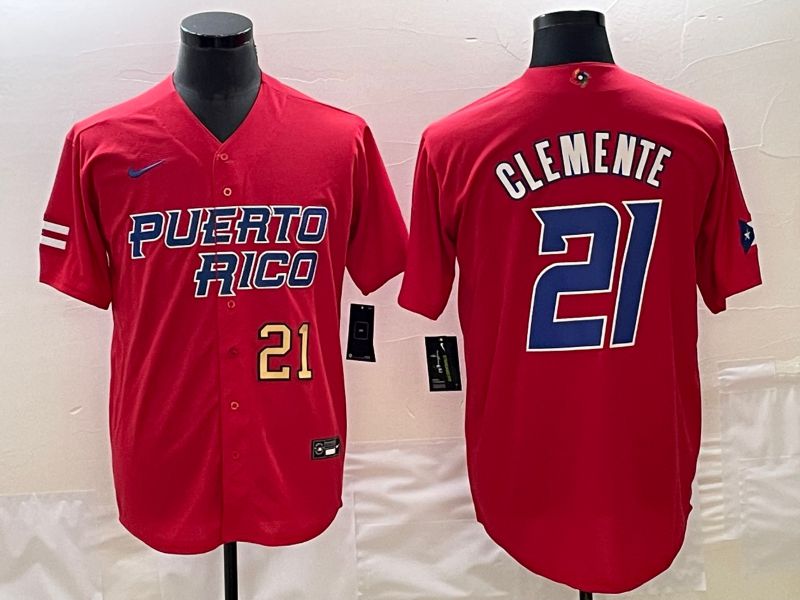 Men 2023 World Cub Puerto Rico #21 Clemente Red Nike MLB Jersey5